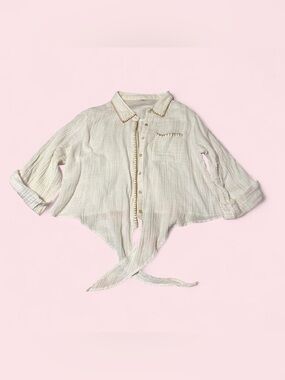 Natural Life Lightweight Ivory Tie-Front Button Shirt with Trim